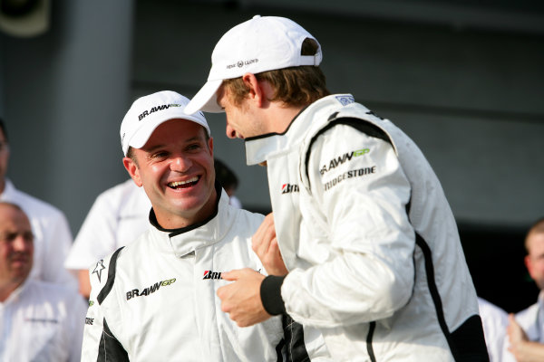 Sepang, Kuala Lumpur, Malaysia
2nd April 2009
Rubens Barrichello, Brawn GP BGP001 Mercedes and Jenson Button, Brawn GP BGP001 Mercedes.
World Copyright: Glenn Dunbar/LAT Photographic
ref: Digital Image YY8P0520