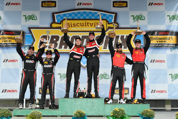IMSA Continental Tire SportsCar Challenge
Biscuitville Grand Prix
Virginia International Raceway, Alton, VA USA
Saturday 26 August 2017
28, Porsche, Porsche Cayman GT4, GS, Dylan Murcott, Dillon Machavern, 59, Ford, Ford Mustang, Dean Martin, Jack Roush Jr, 57, Chevrolet, Chevrolet Camaro GT4.R, Matt Bell, Robin Liddell, celebrate the win in victory lane on the podium
World Copyright: Scott R LePage
LAT Images IMSA Continental Tire SportsCar Challenge
Biscuitville Grand Prix
Virginia International Raceway, Alton, VA USA
Saturday 26 August 2017
28, Porsche, Porsche Cayman GT4, GS, Dylan Murcott, Dillon Machavern, 59, Ford, Ford Mustang, Dean Martin, Jack Roush Jr, 57, Chevrolet, Chevrolet Camaro GT4.R, Matt Bell, Robin Liddell, celebrate the win in victory lane on the podium
World Copyright: Scott R LePage
LAT Images
