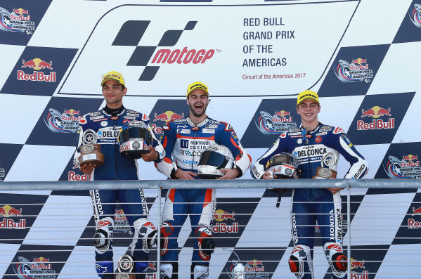 2017 Moto3 Championship - Round 3
Circuit of the Americas, Austin, Texas, USA
Sunday 23 April 2017
Podium: race winner Romano Fenati, Marinelli Rivacold Snipers, second place Jorge Martin, Del Conca Gresini Racing Moto3, third place Fabio Di Giannantonio, Del Conca Gresini Racing Moto3
World Copyright: Gold and Goose Photography/LAT Images
ref: Digital Image Moto3-Post-500-2968